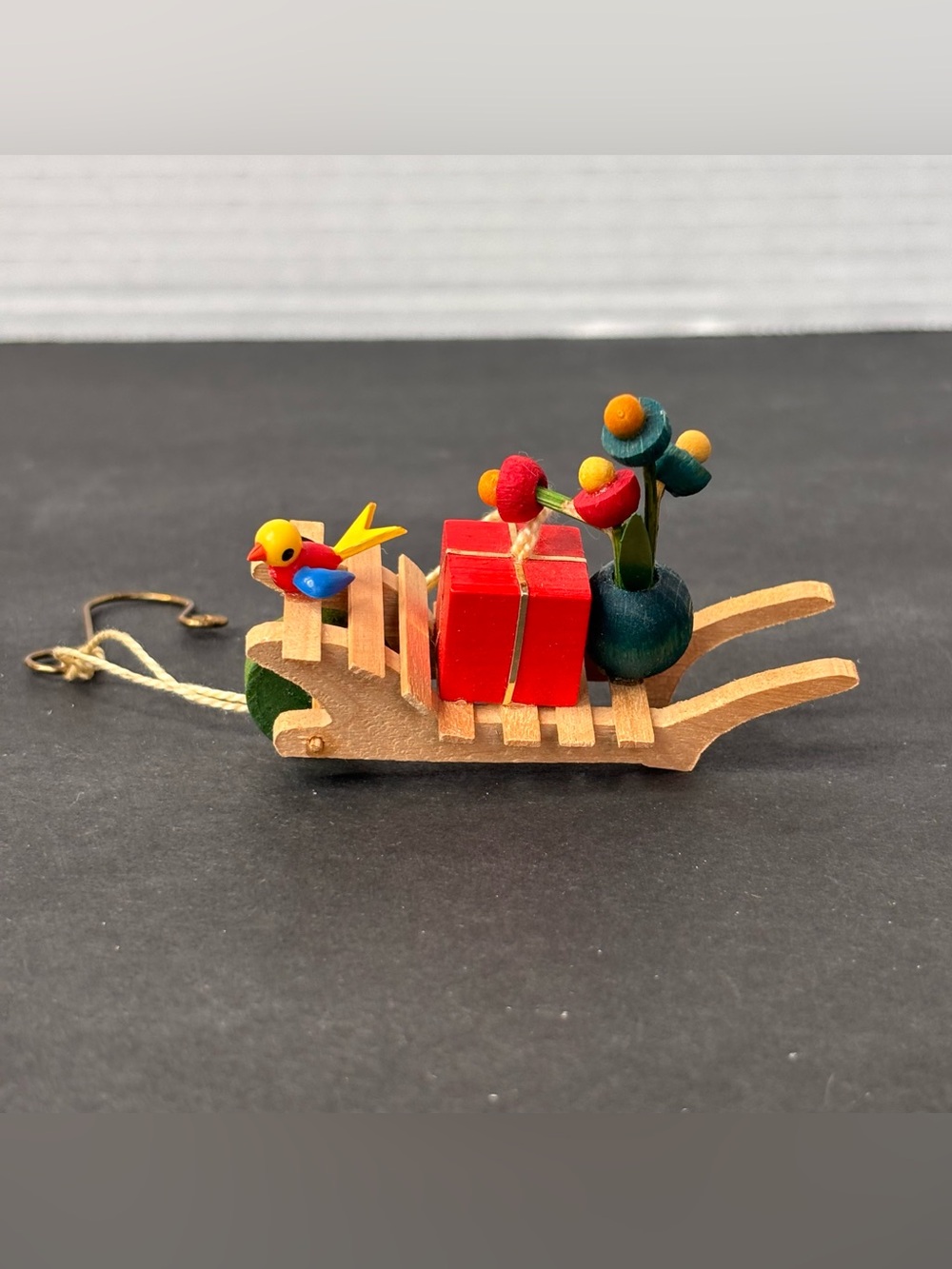 Vintage German 1970s Wooden Hand Painted Wheelbarrow Bird Gifts Ornament